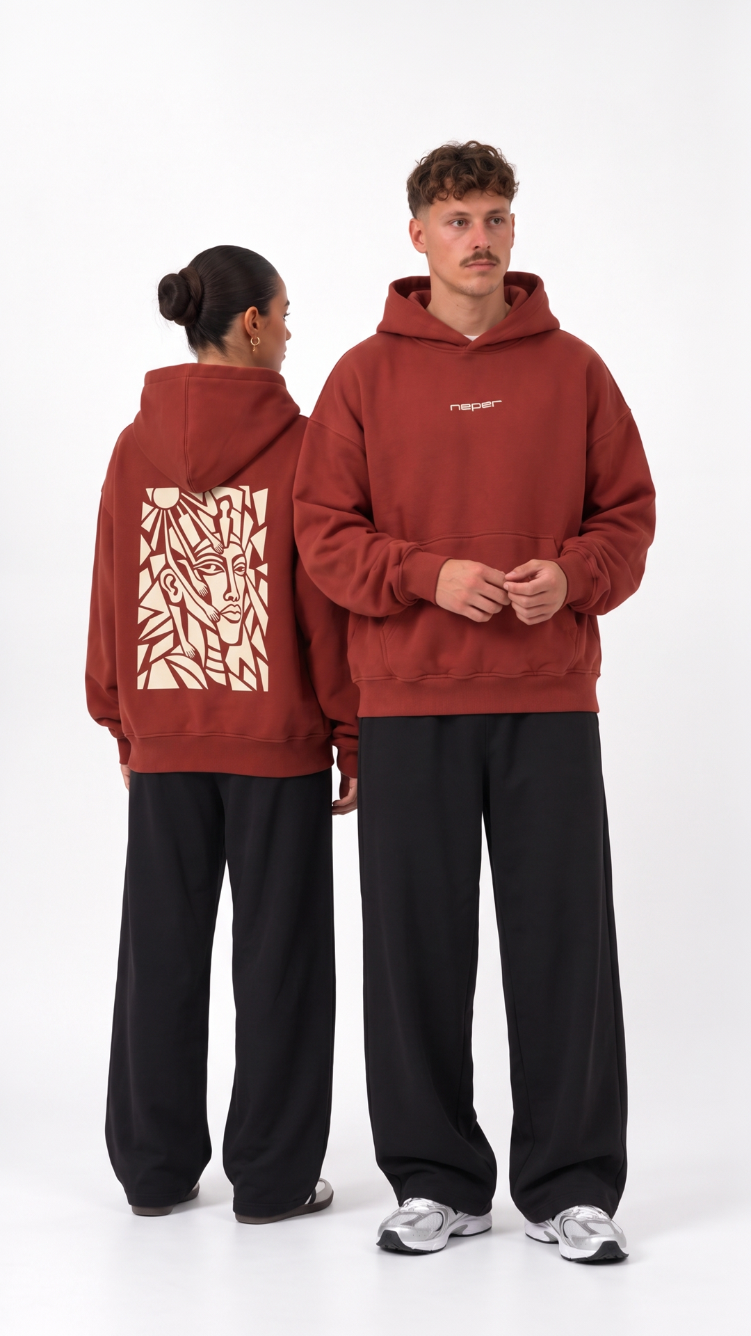 Abstract Oversize Hoodie — couple showing front and back