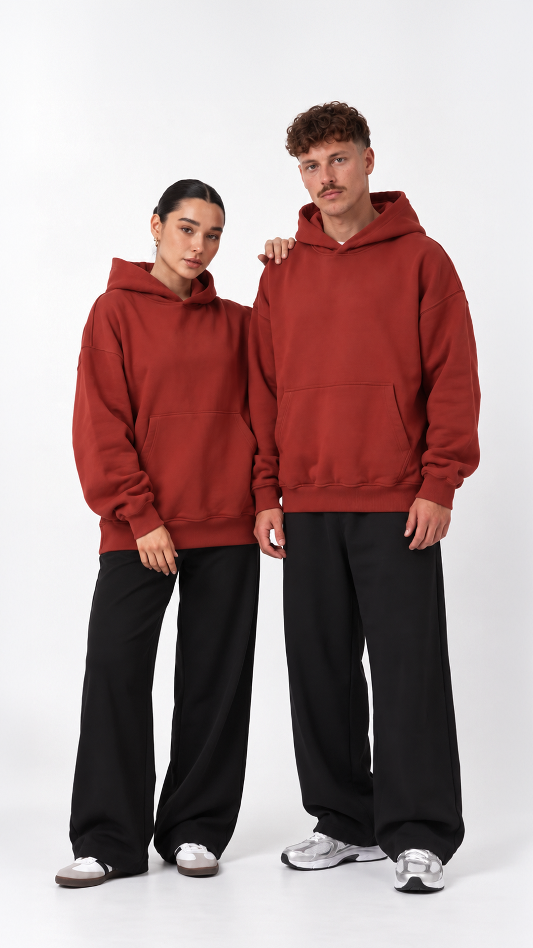 Essential Oversize Hoodie — Brick Red, couple styling