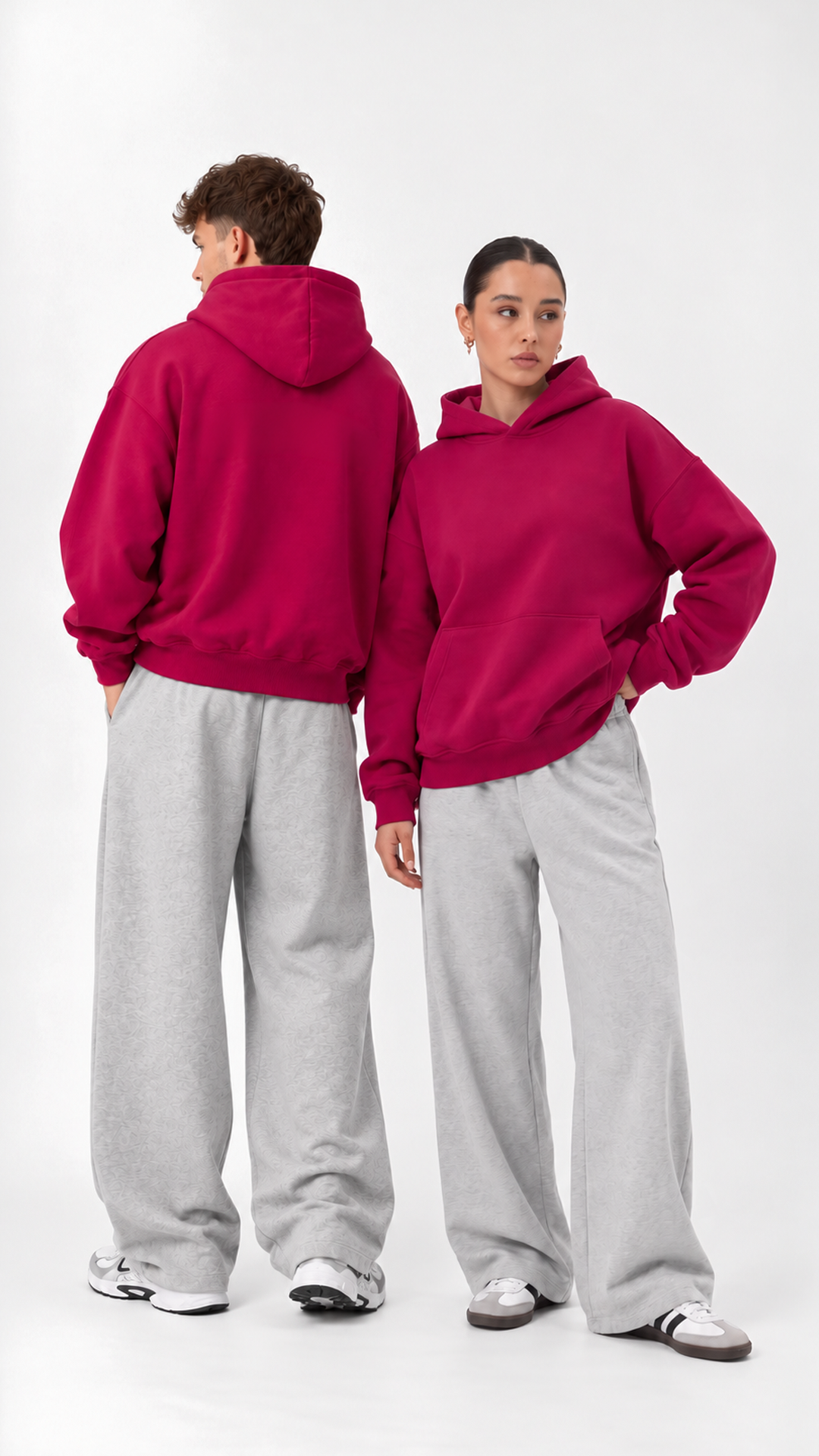 Essential Oversize Hoodie — Hot Pink, couple styling