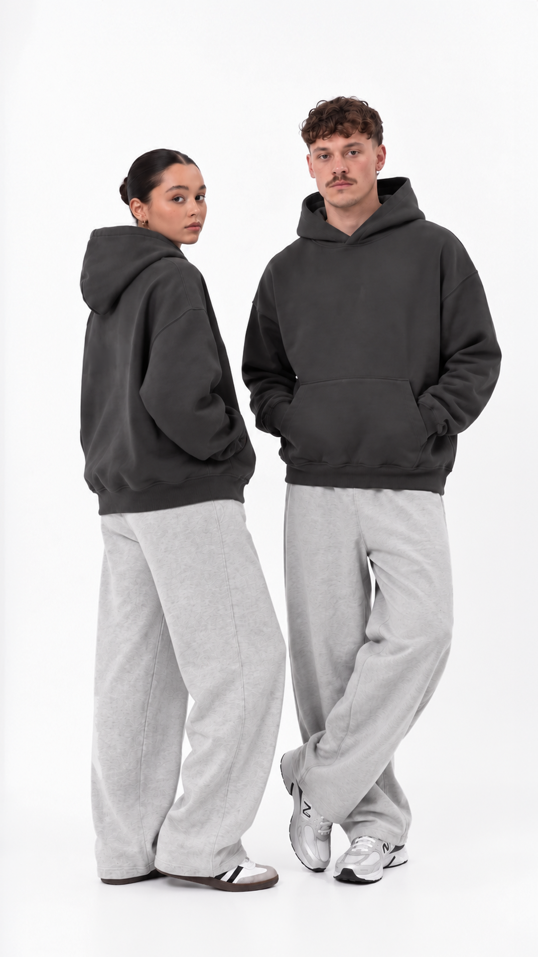 Essential Oversize Hoodie — Charcoal, couple styling