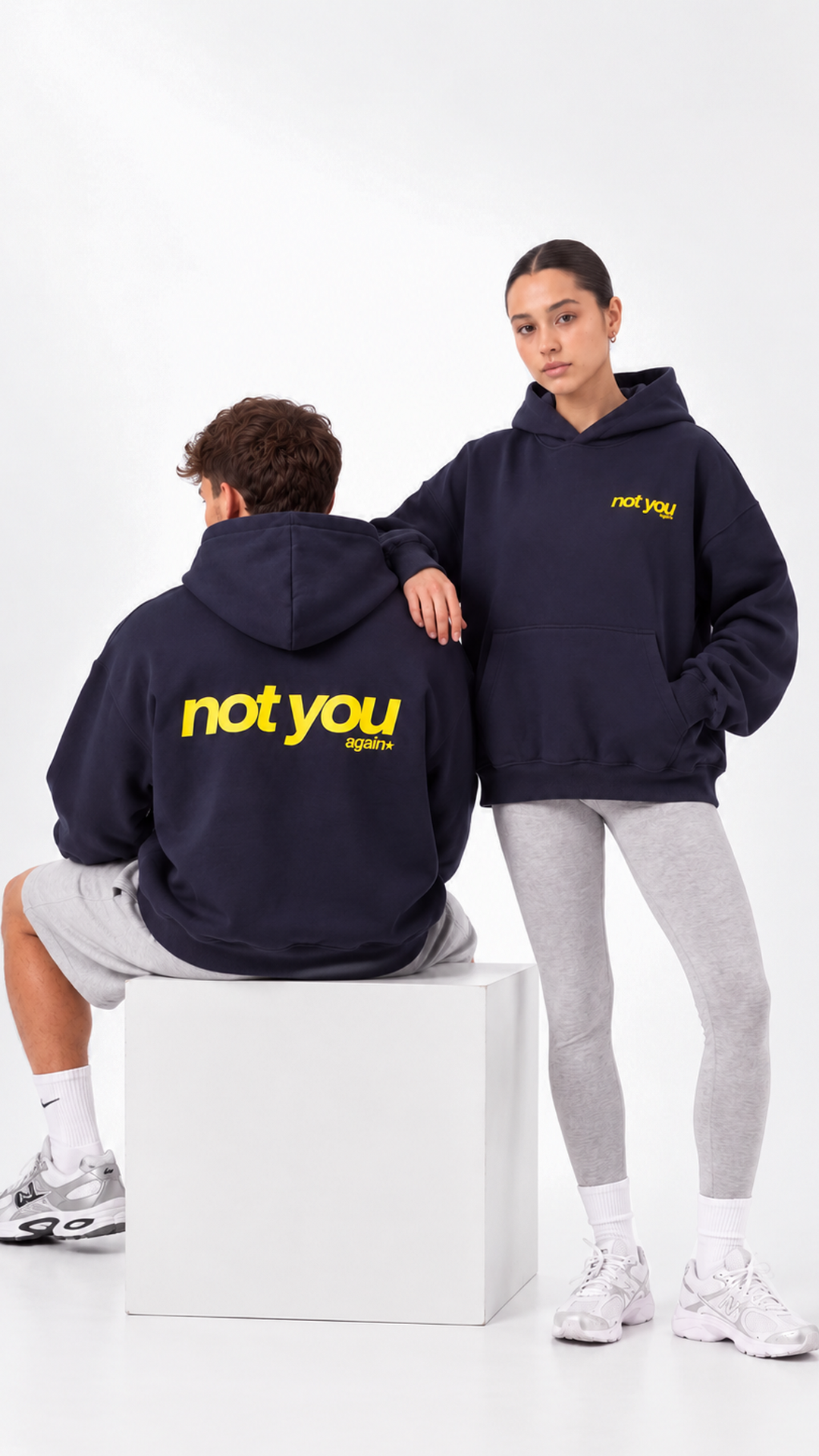Not You Oversize Hoodie — Navy, couple styling