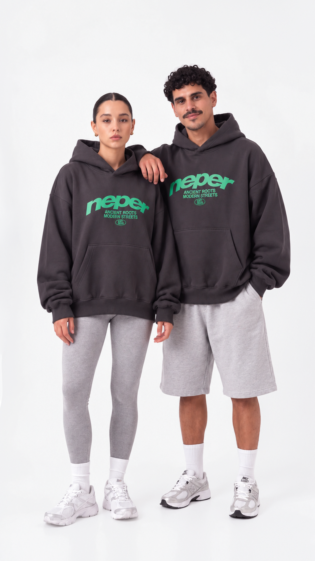 Neper Logo Oversize Hoodie — Charcoal, couple styling