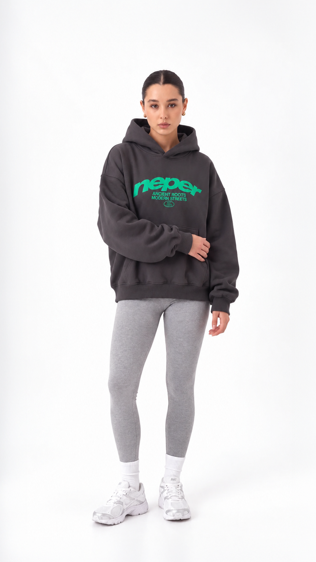 Neper Logo Oversize Hoodie — Charcoal, model view