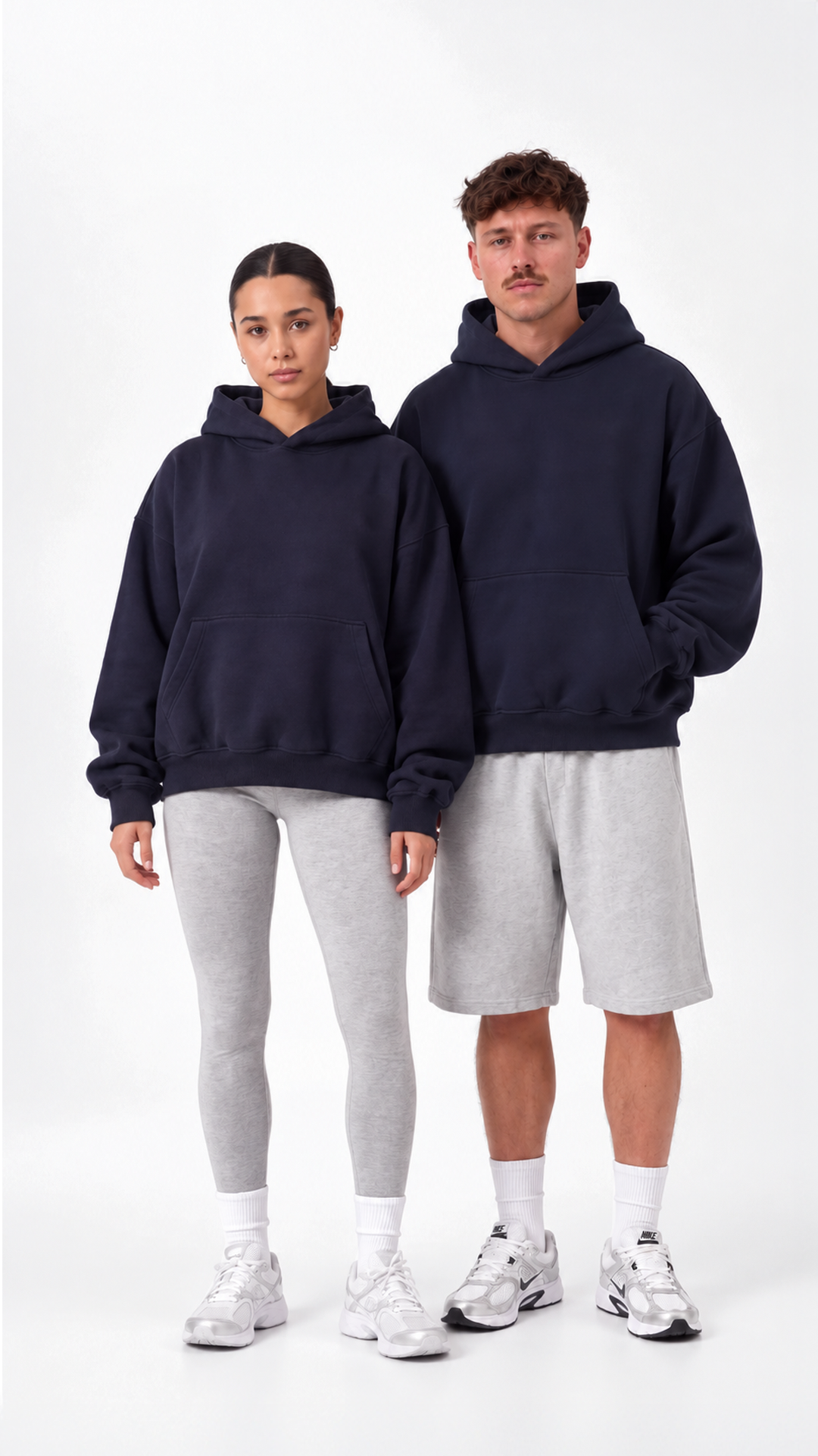 Essential Oversize Hoodie — Navy, couple styling