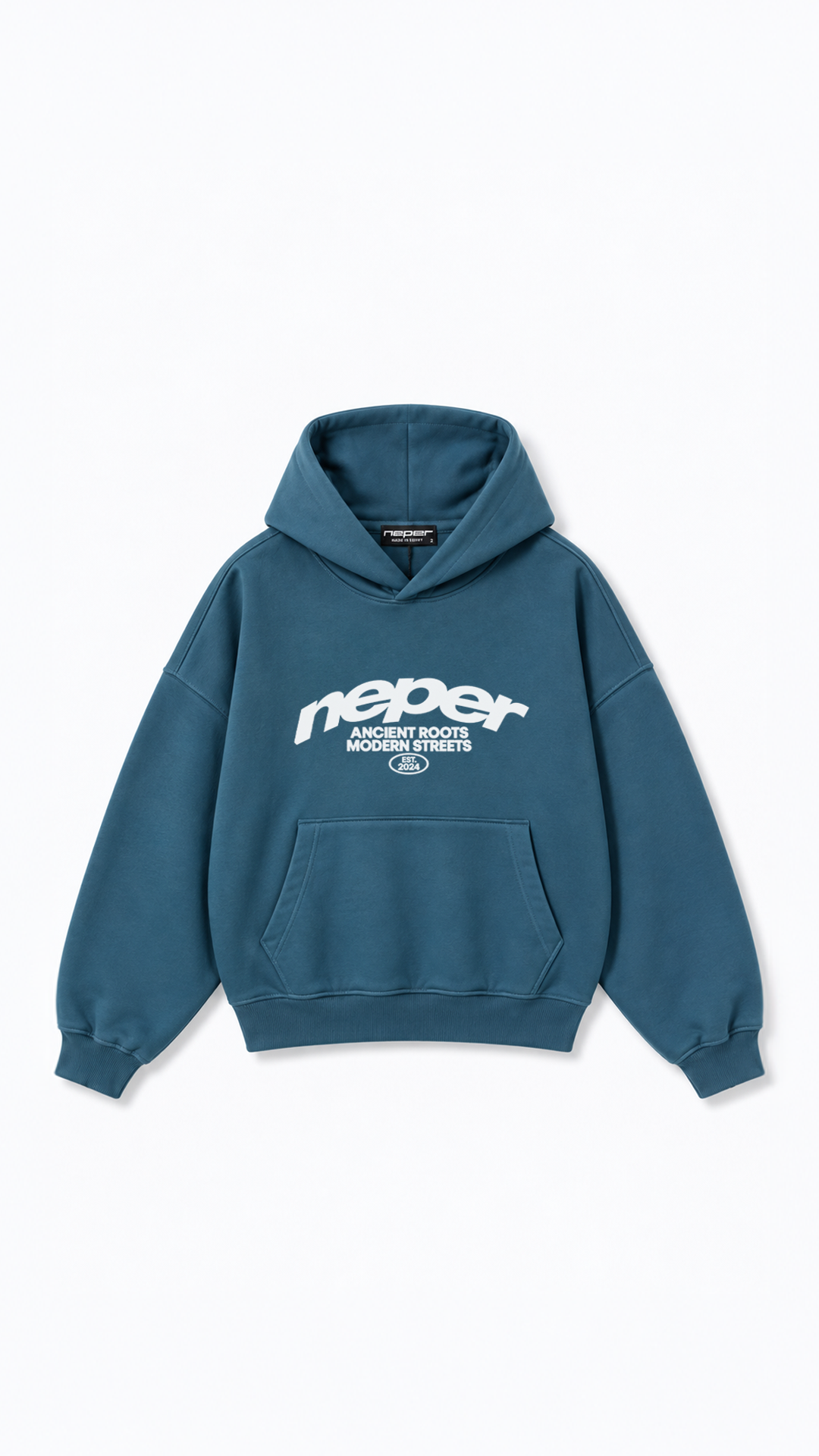 Neper Logo Oversize Hoodie — Petrol Blue, front flat lay
