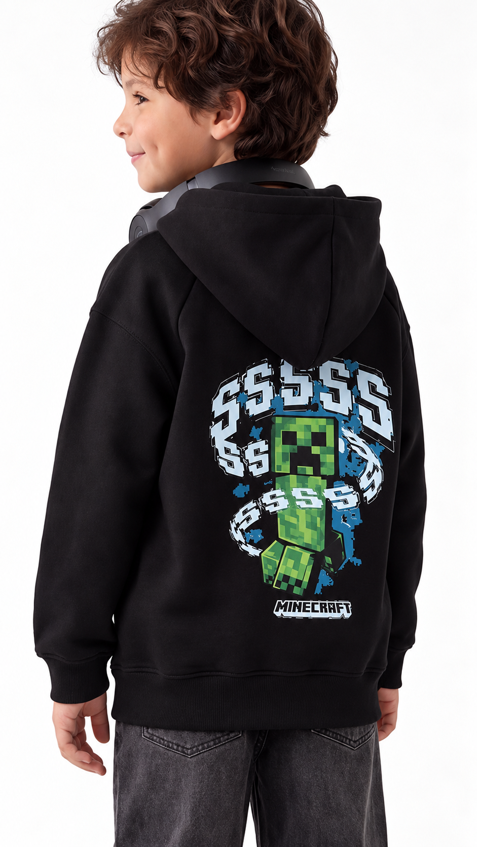Kids’ Minecraft Creeper Cotton Hoodie – Black — product view 1