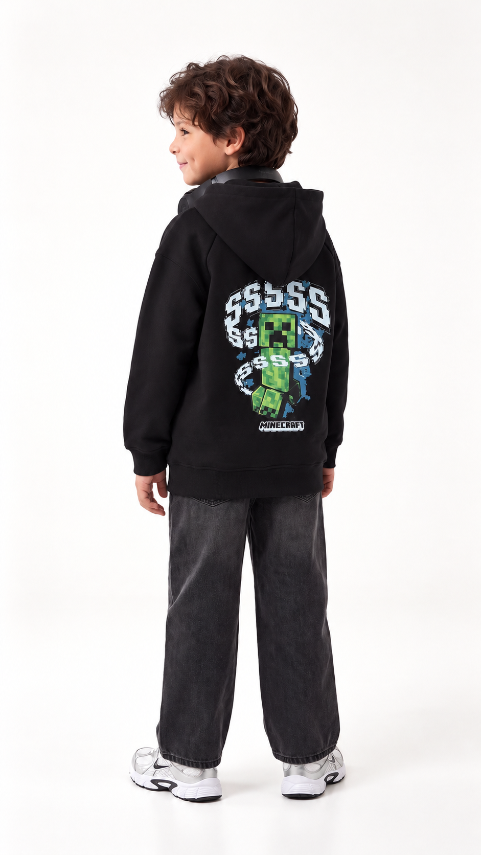 Kids’ Minecraft Creeper Cotton Hoodie – Black — product view 2