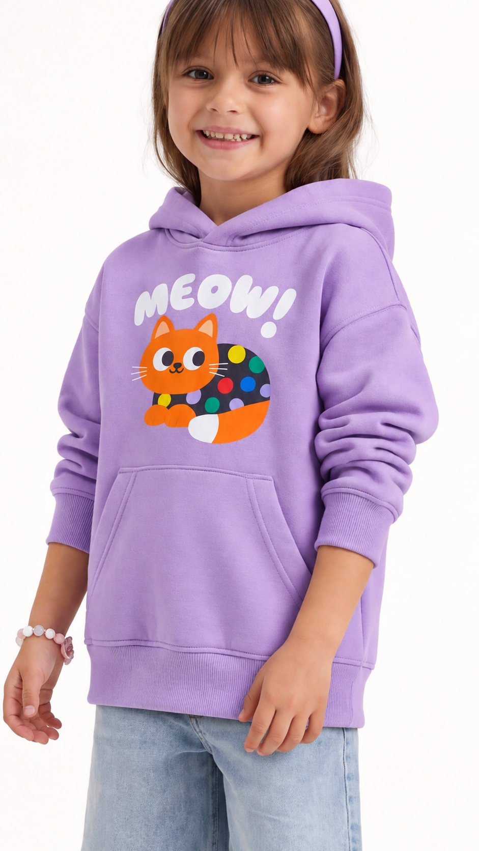 Kids’ Meow Cat Cotton Hoodie – Lilac — product view 1