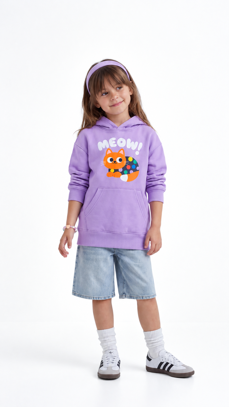 Kids’ Meow Cat Cotton Hoodie – Lilac — product view 3