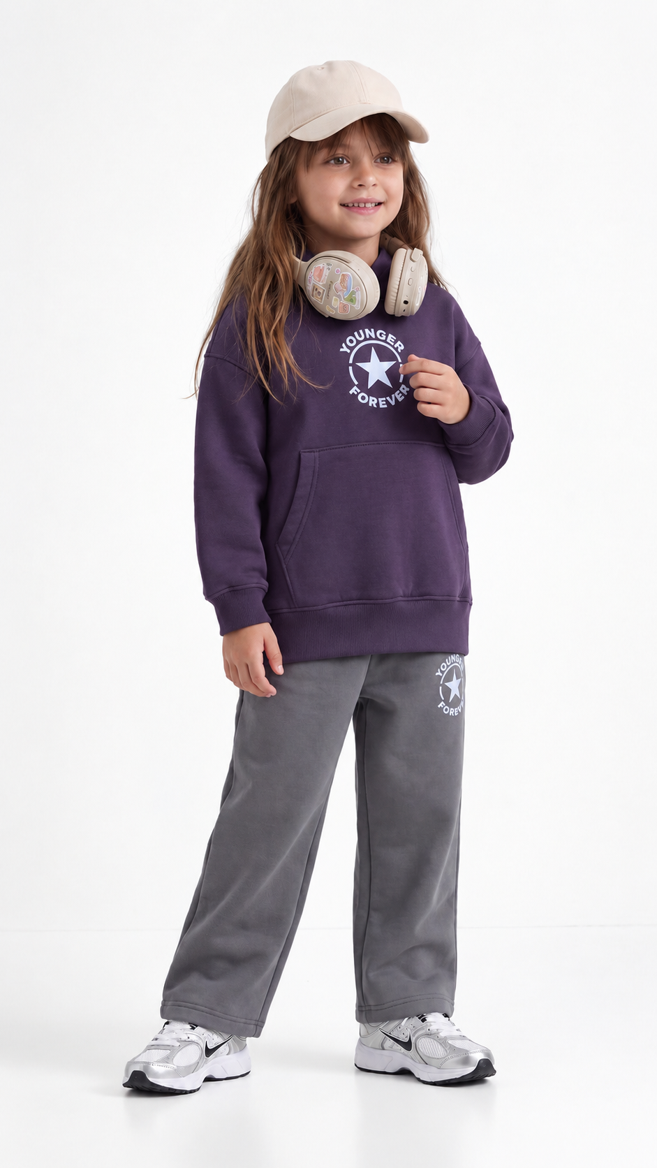 Kids’ Younger Forever Cotton Hoodie & Pants Set – Purple & Grey — product view 1