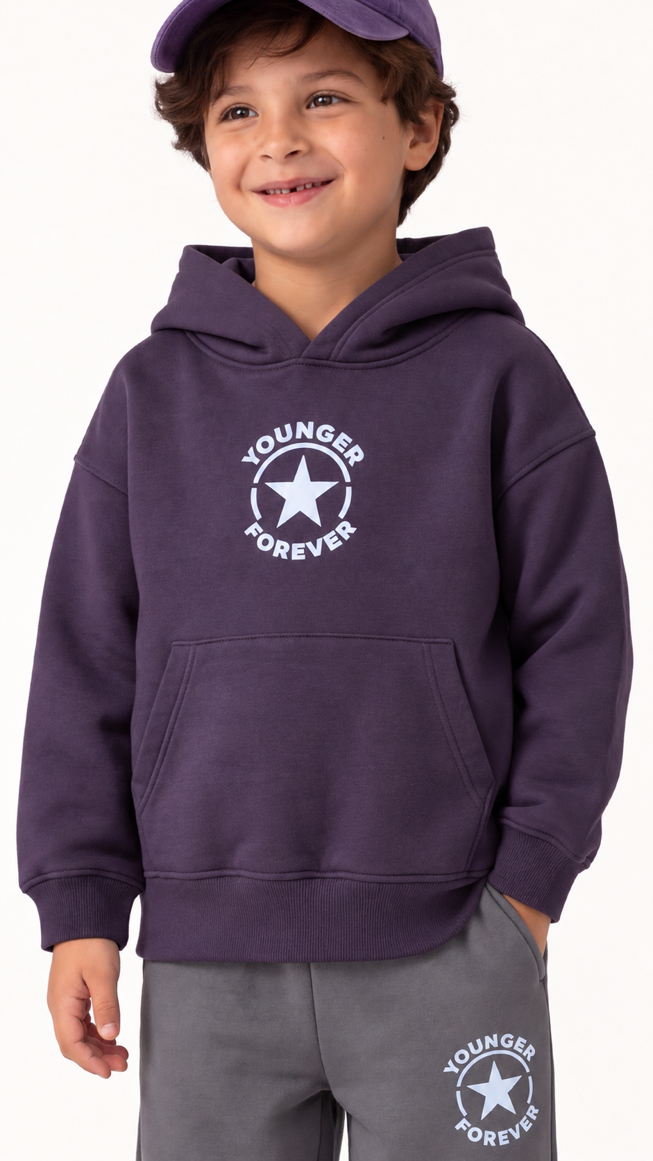 Kids’ Younger Forever Cotton Hoodie & Pants Set – Purple & Grey — product view 4